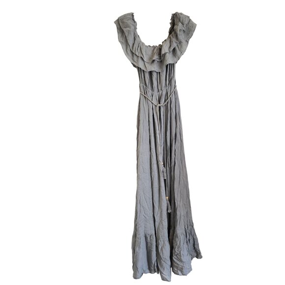 Pinkblush Sage Gray Maxi Dress With Ruffled Neckline & Elastic Waist - Picture 1 of 12